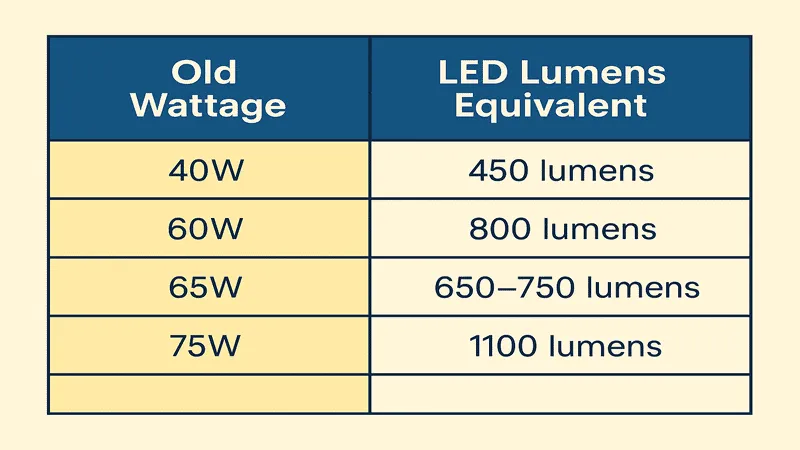 Chart indicating traditional incandescent bulbs’ wattage equivalent to BR LED lamps’ lumens.