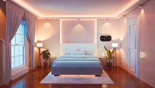 LED lights are installed in the ceiling of the bedroom.