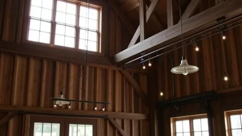 A rustic wooden built barn house with hanging lights